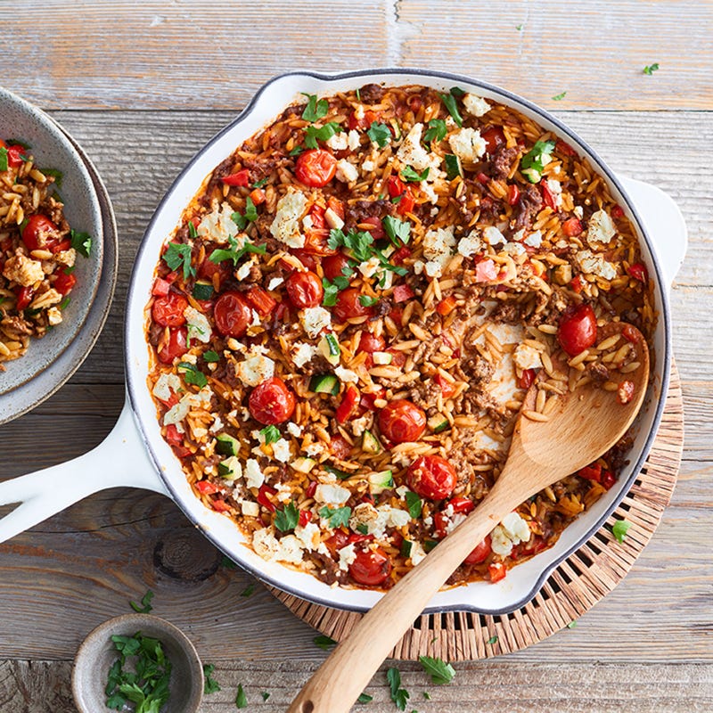 One pan pasta au bœuf, aux tomates et à la feta