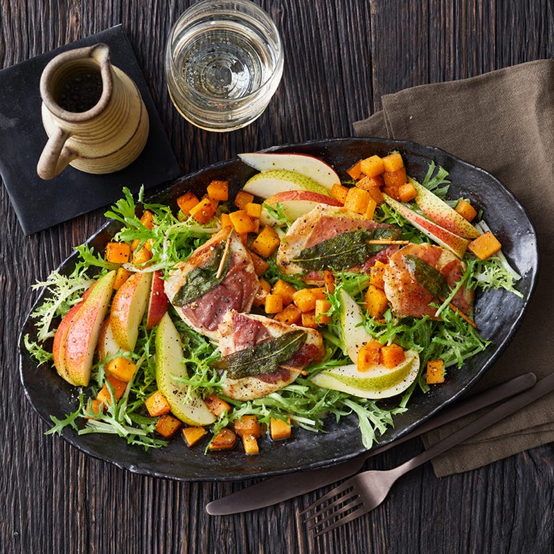 Hähnchenschnitzel mit Birnen-Kürbis-Salat