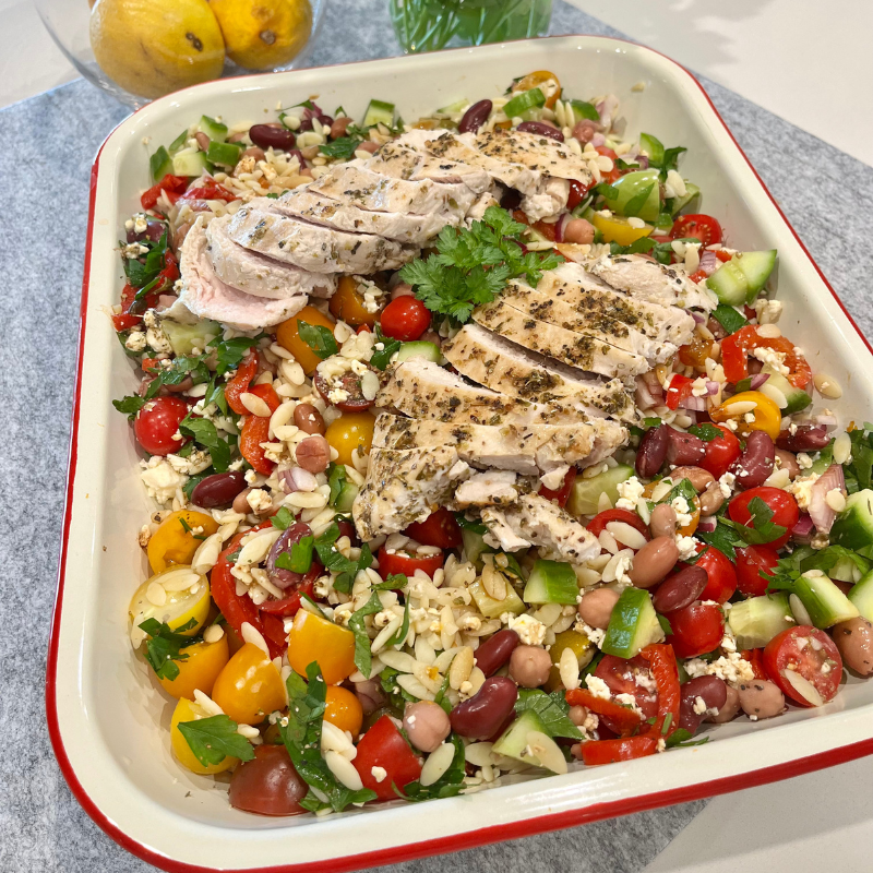 Mediterranean orzo and chicken salad