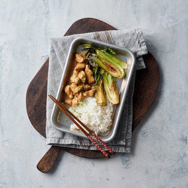 Poulet au citron vert, riz et chou pak choi