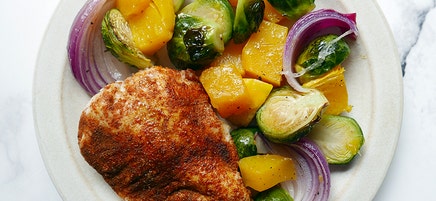 Chicken, butternut and Brussels sprouts sheet-pan dinner