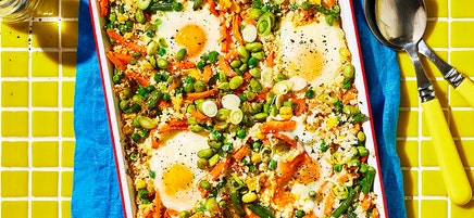 Sheet pan cauliflower fried rice with eggs