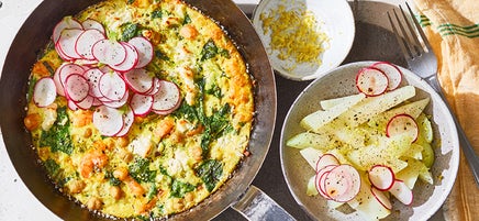 Kichererbsenfrittata mit Crevetten und Kohlrabi