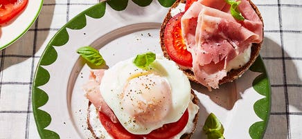 Open-faced ham, egg & cottage cheese sandwich