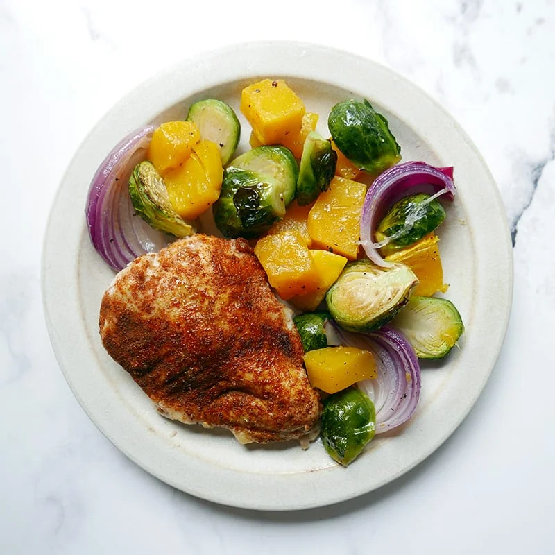 Chicken, pumpkin and Brussels sprouts tray bake