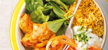 Tandoori chicken bowls with spiced rice and raita
