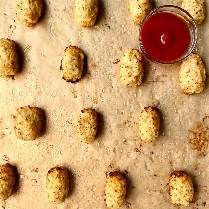 Cauliflower cottage cheese tots with ketchup